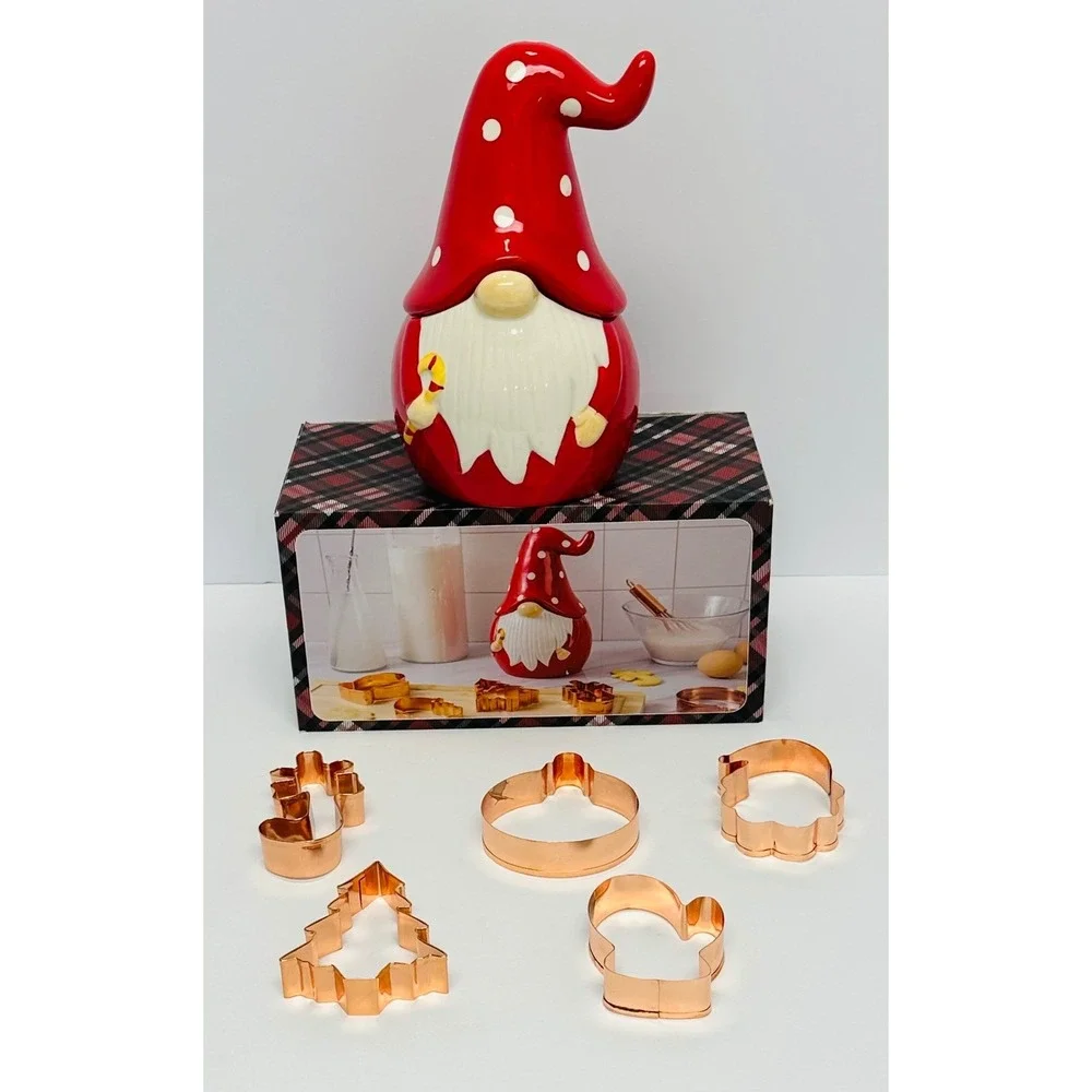 CWC Cook With Color Red White 6 Piece Holiday Gnome Cookie Jar & Cutter Set New
